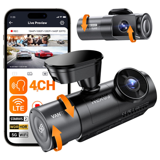 Vantrue N5S front and rear cameras with rotating lenses for adjustable viewing angles