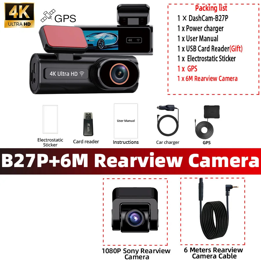 EyeOnRoads B27 4K Dash Cam | Dual Channel 4K+1080P with GPS & WiFi