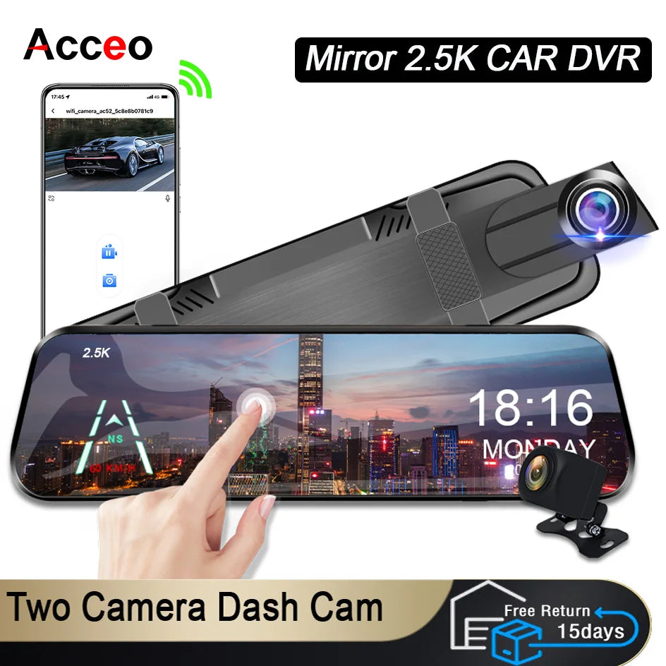 ACCEO A37 2.5K Mirror Dash Cam With Rear View Camera and WiFi support