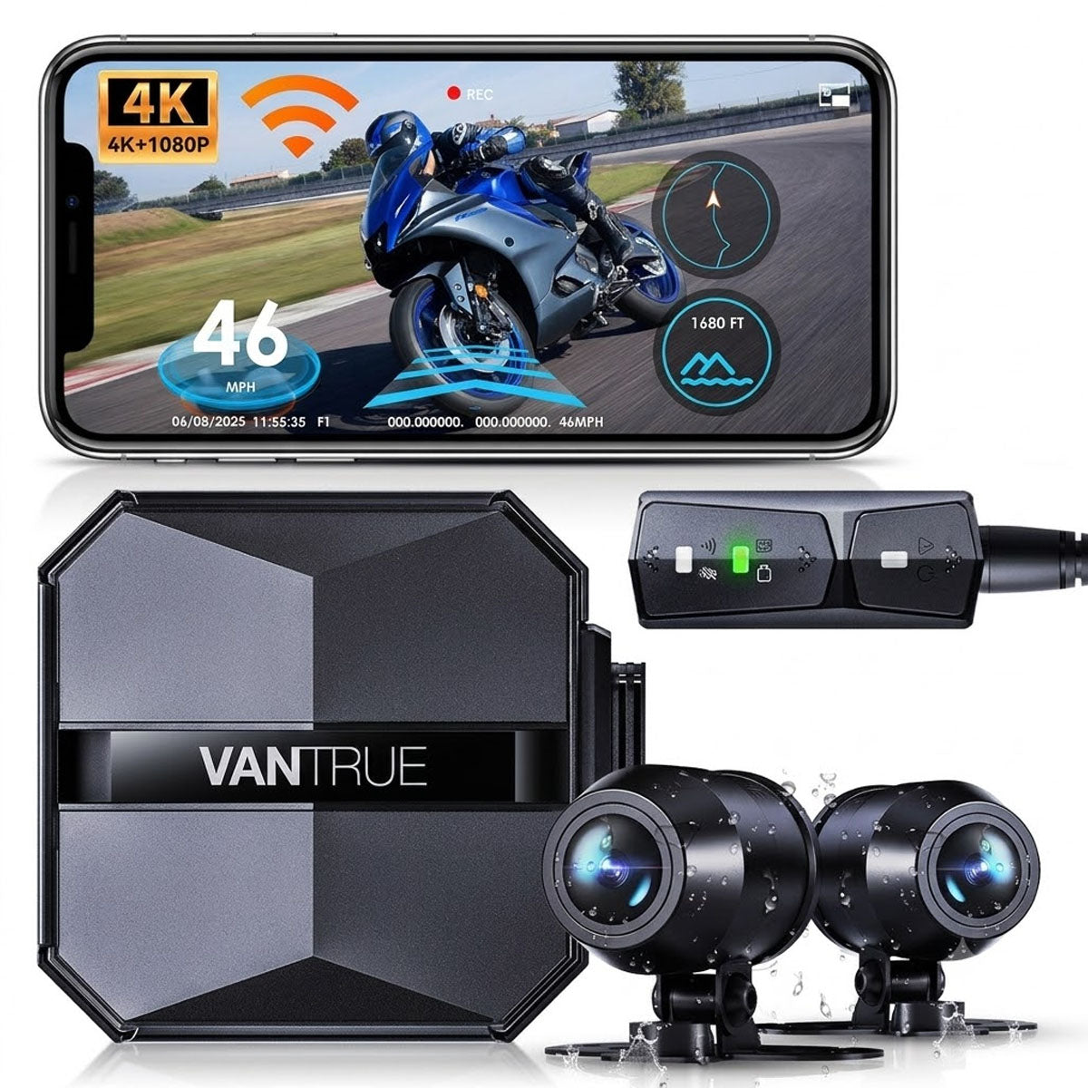 Vantrue F1 4K Dual Motorcycle Dash Cam with GPS & Wi-Fi