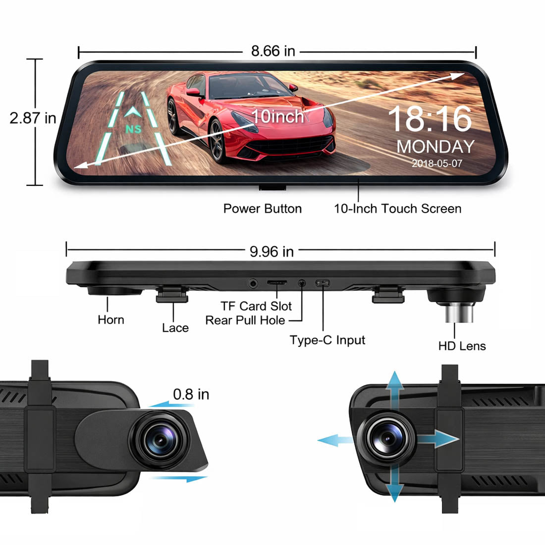 EyeOnRoads A37 2.5K Mirror Dash Cam | 10" IPS Touch Screen Dual DVR