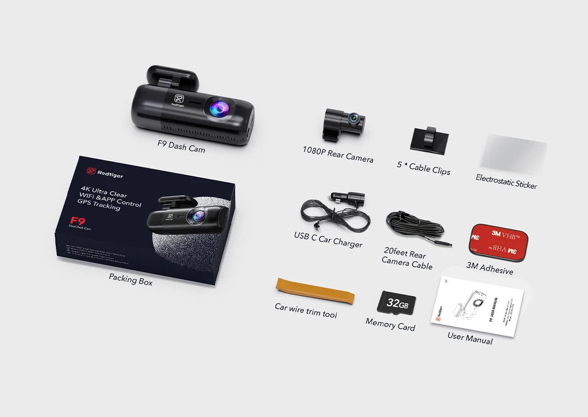 REDTIGER F9 4K Dash Cam | 4K/1080P Dual Cam, WiFi GPS & 32GB Card