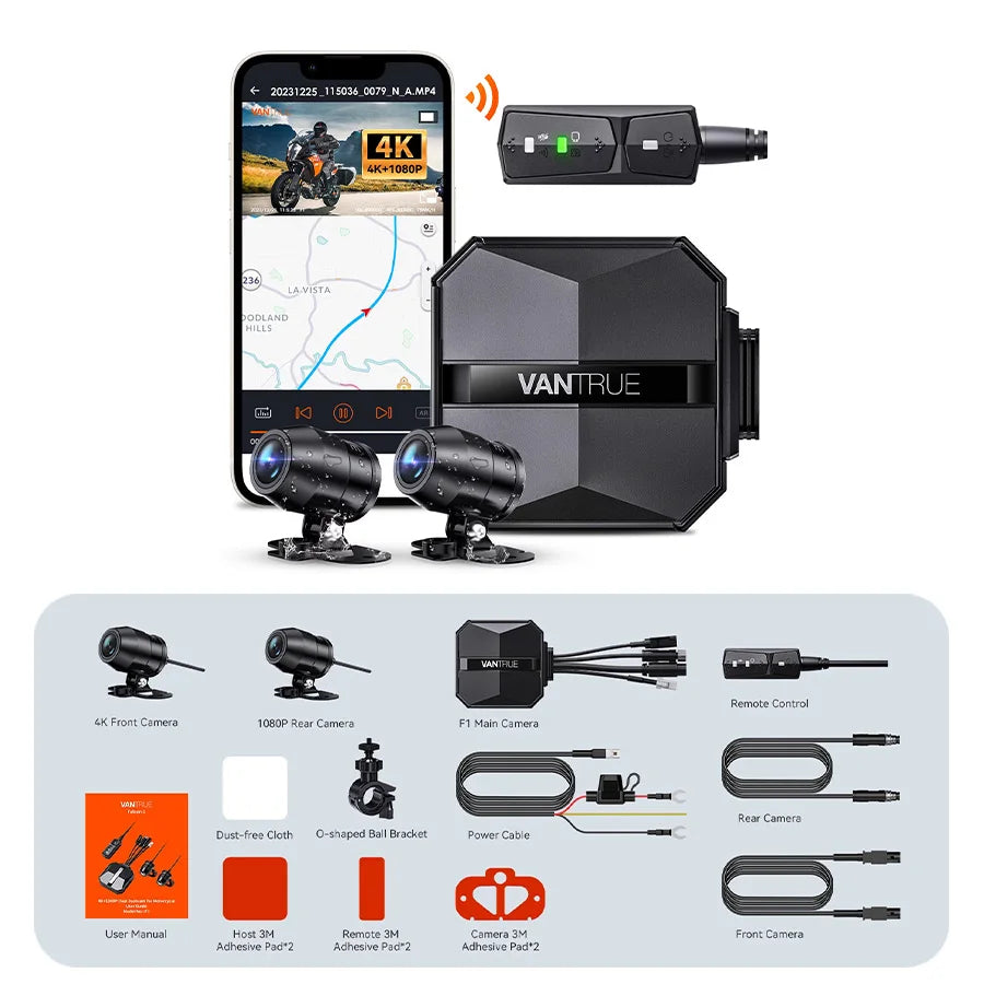 Vantrue F1 4K Dual Motorcycle Dash Cam with GPS & Wi-Fi