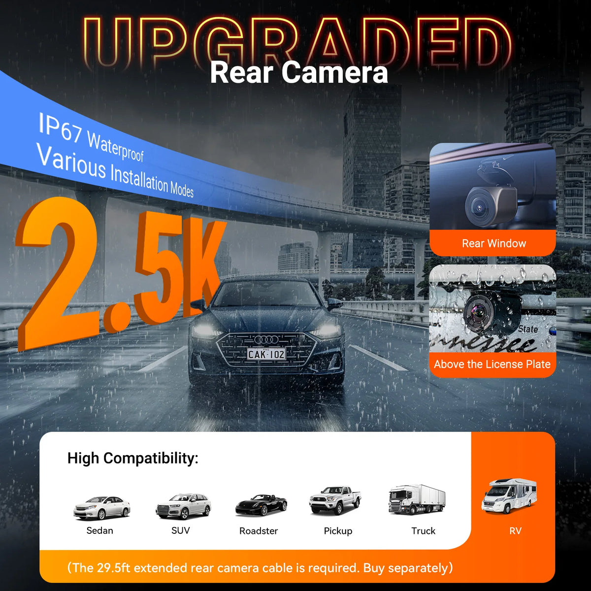 Vantrue N4S upgraded 2.5K IP67 waterproof rear camera for interior or exterior mounting