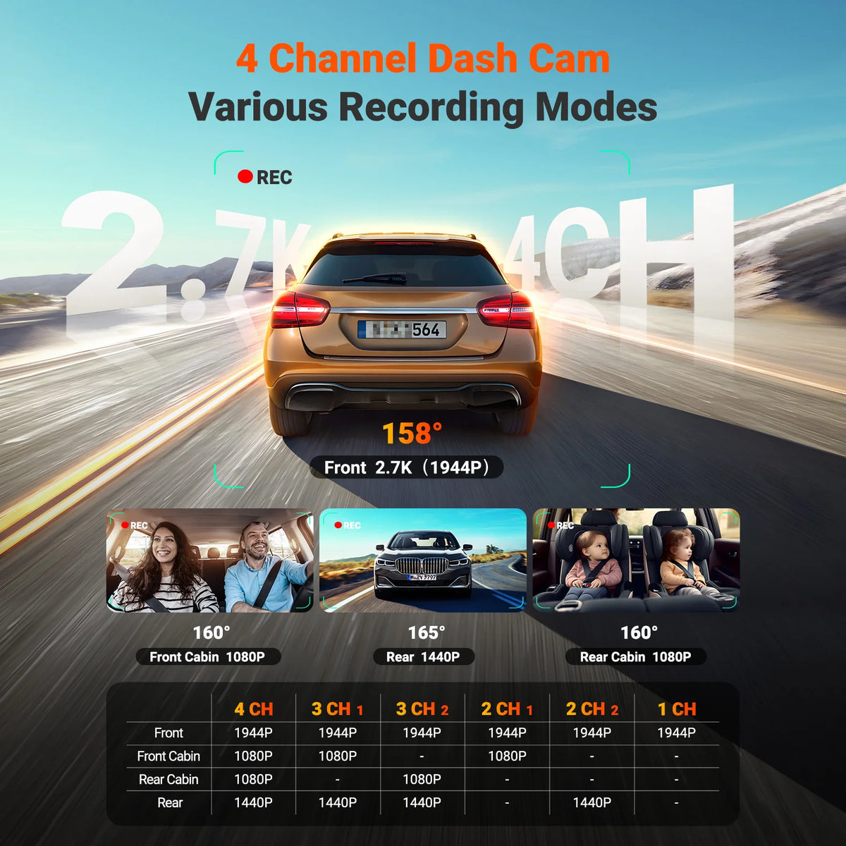 Vantrue N5S recording modes: front 1944P 158°, front cabin 1080P 160°, rear 1440P 165°, rear cabin 1080P 160°