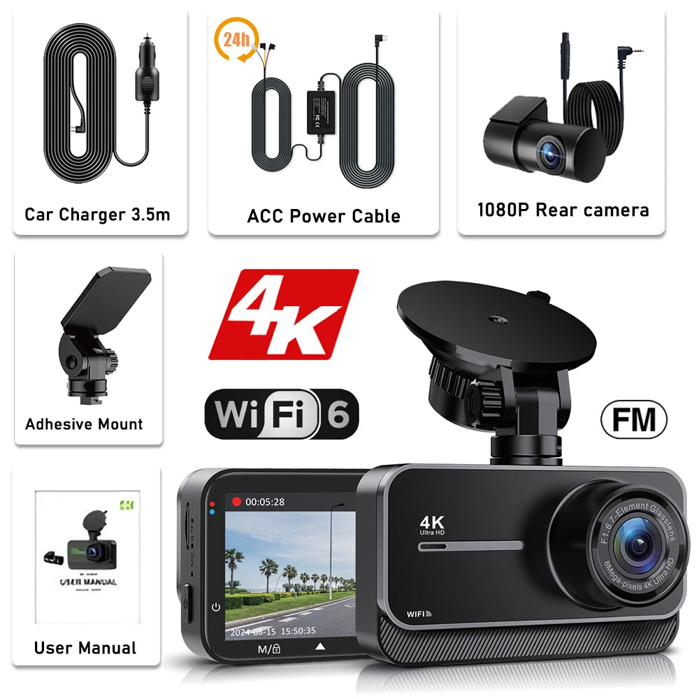 EyeOnRoads R4 4K Dual Dash Cam with Wi-Fi & Night Vision
