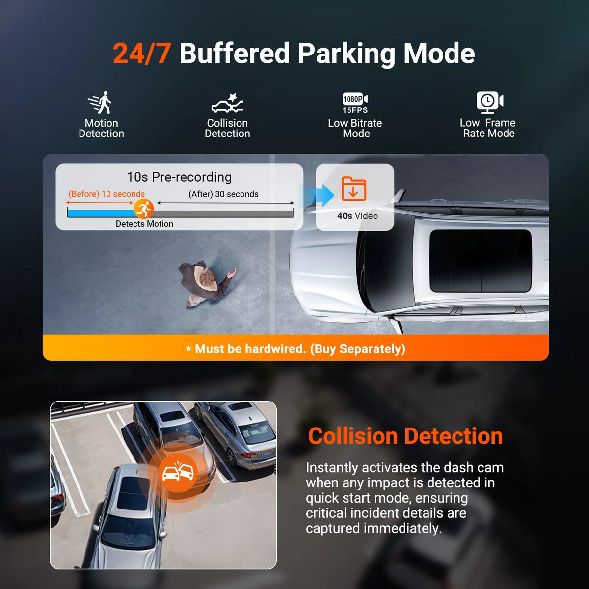 Vantrue N4S 24/7 buffered parking mode and collision detection