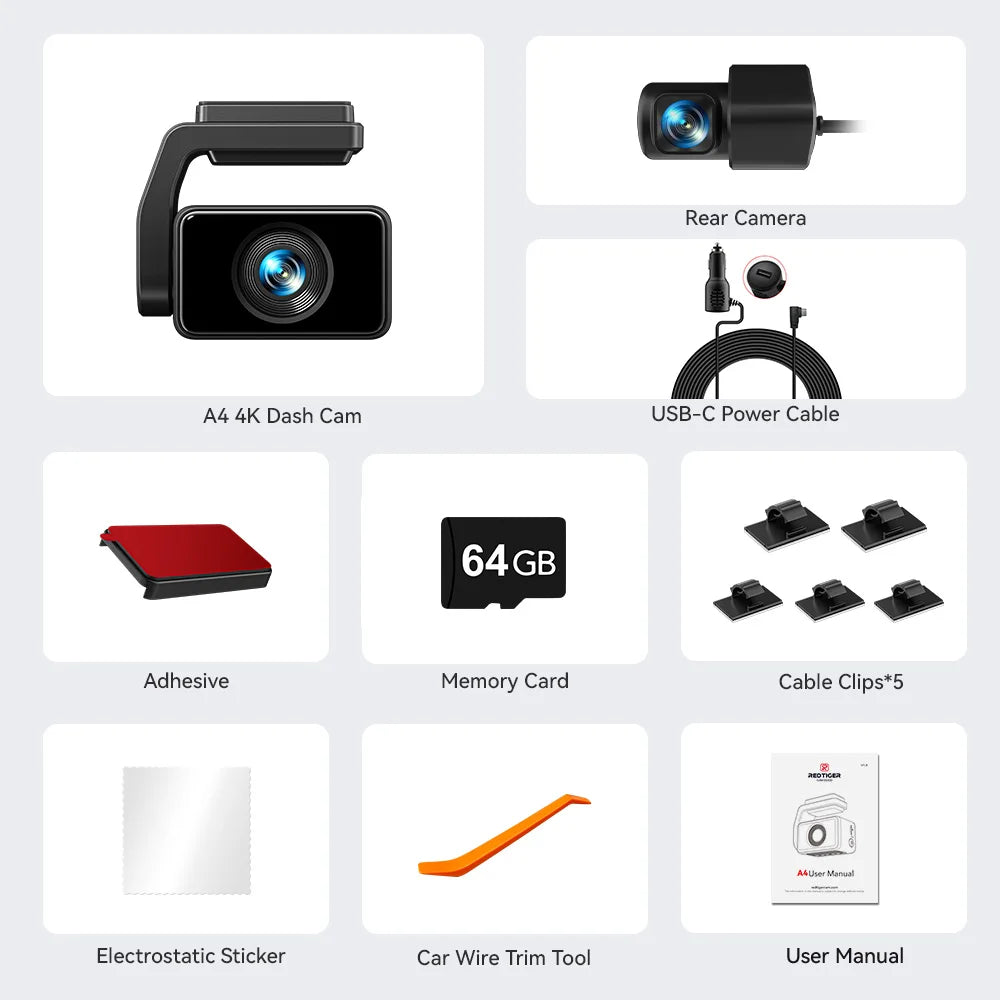 REDTIGER A4 4K Dash Cam | 4K/1080P Dual Cam 64GB Card