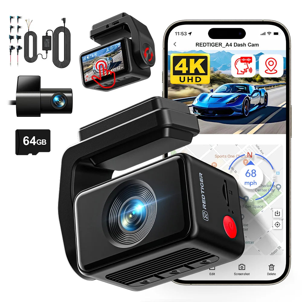 REDTIGER A4 4K Front + 1080P Rear WiFi GPS Voice Control Dash Cam