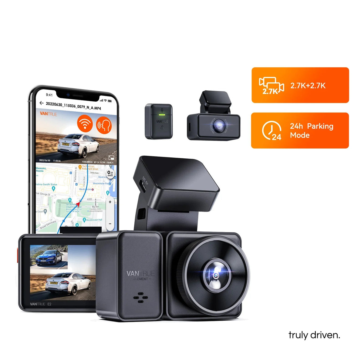 Vantrue Element 2 (E2) 2.7K Dual Dash Cam with 5GHz Wi-Fi & GPS
