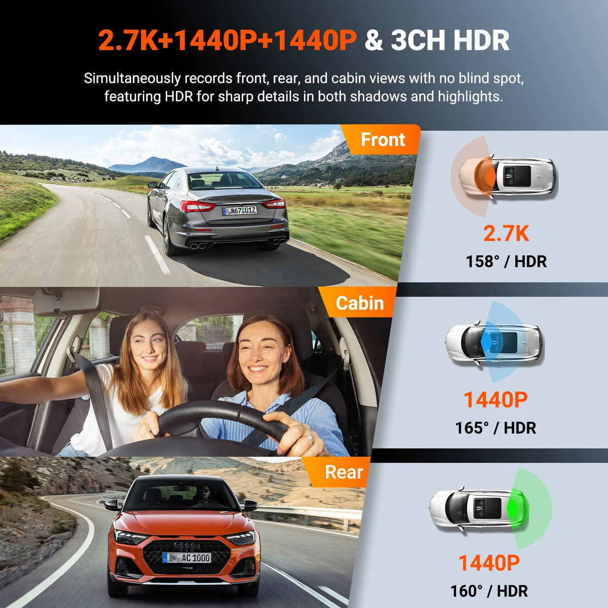 Vantrue N4S 2.7K + 1440P + 1440P 3-channel recording with HDR