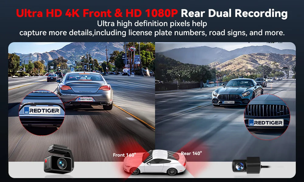 REDTIGER A4 4K Front + 1080P Rear WiFi GPS Voice Control Dash Cam