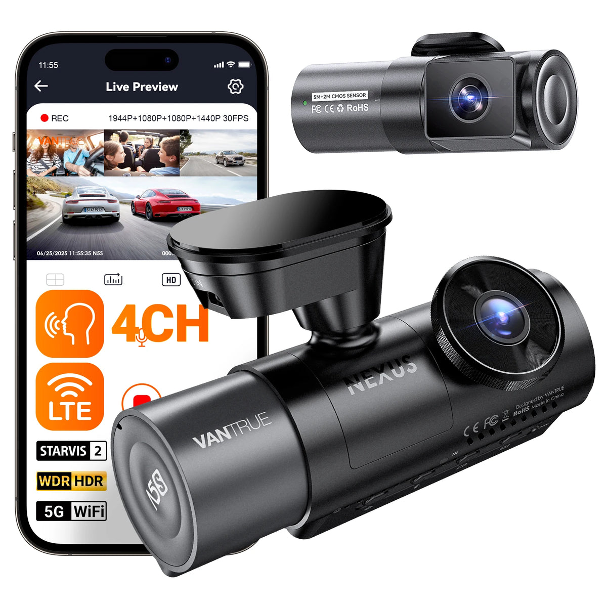Vantrue Nexus 5S (N5S) 4-channel dash cam with rear camera and Live Preview app on a smartphone