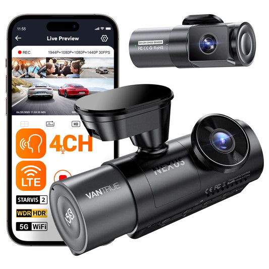 Vantrue Nexus 5S (N5S) 4-channel dash cam with rear camera and Live Preview app on a smartphone