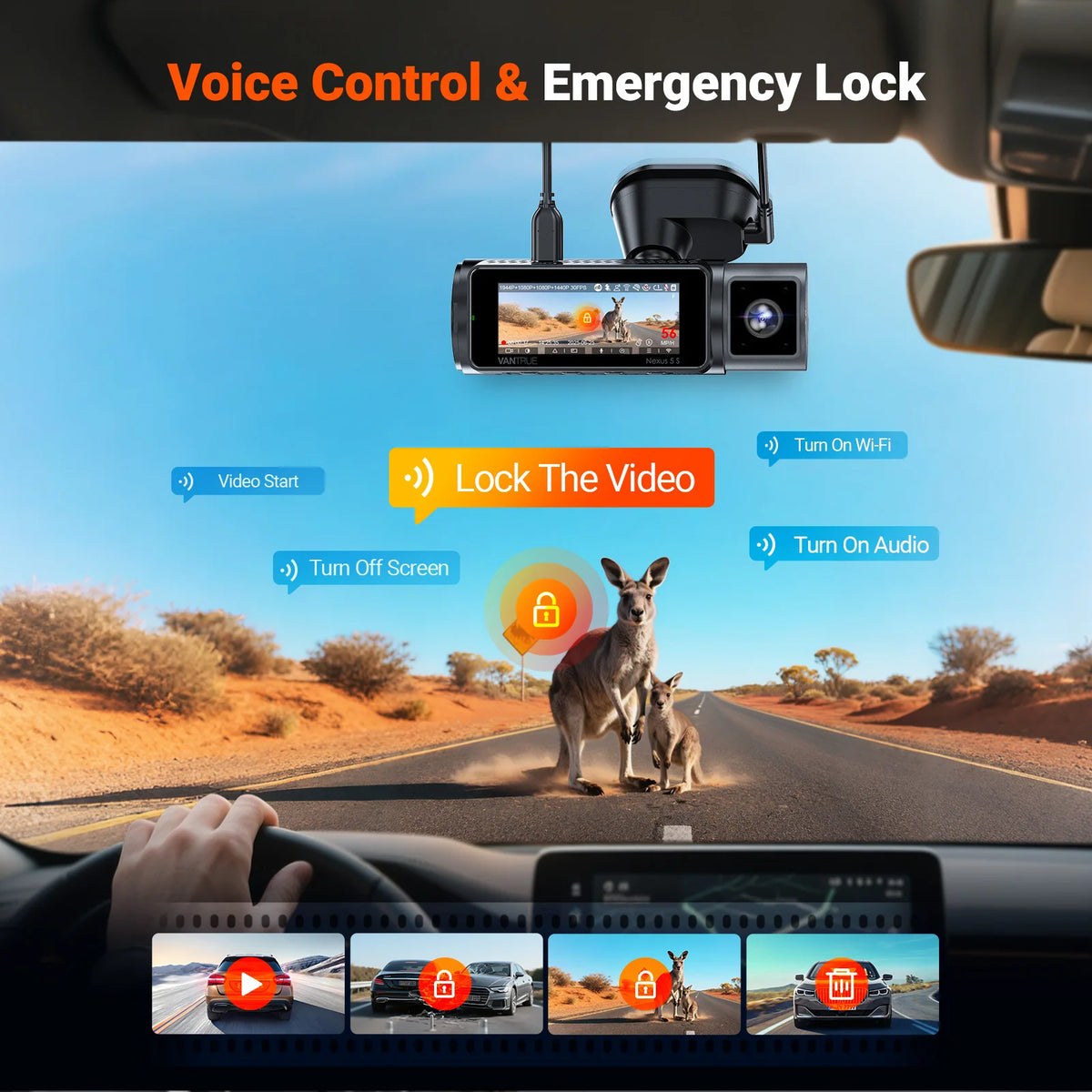 Vantrue N5S voice control and emergency video lock while driving