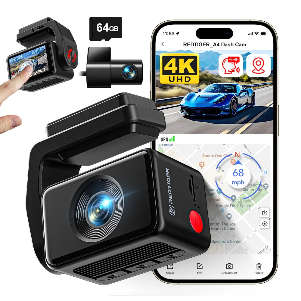 REDTIGER A4 4K Front + 1080P Rear WiFi GPS Voice Control Dash Cam