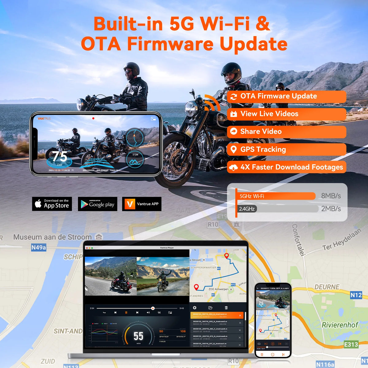 Vantrue F1 4K Dual Motorcycle Dash Cam with GPS & Wi-Fi
