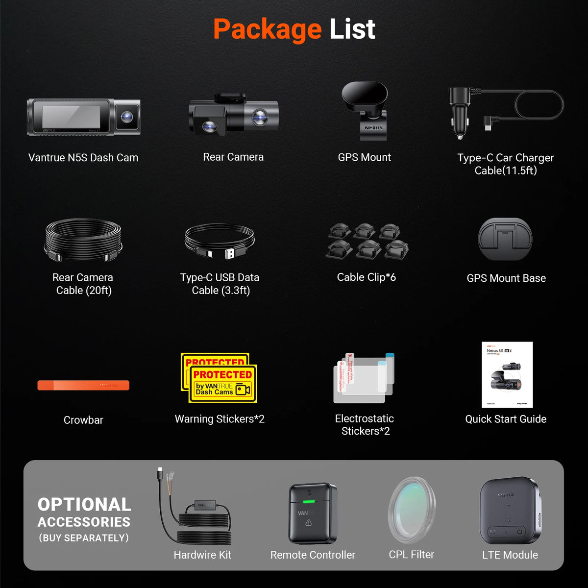 Vantrue N5S package list: dash cam, rear camera, GPS mount, Type-C car charger, cables and accessories
