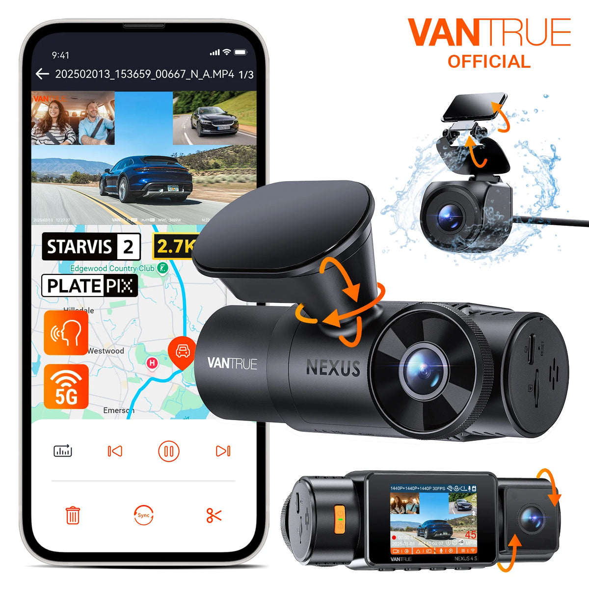 Vantrue Nexus 4S (N4S) 3-channel dash cam with rear camera and Vantrue app on a smartphone