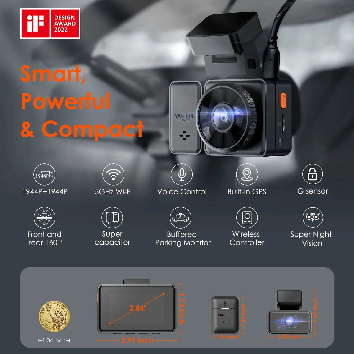 Vantrue Element 2 (E2) 2.7K Dual Dash Cam with 5GHz Wi-Fi & GPS