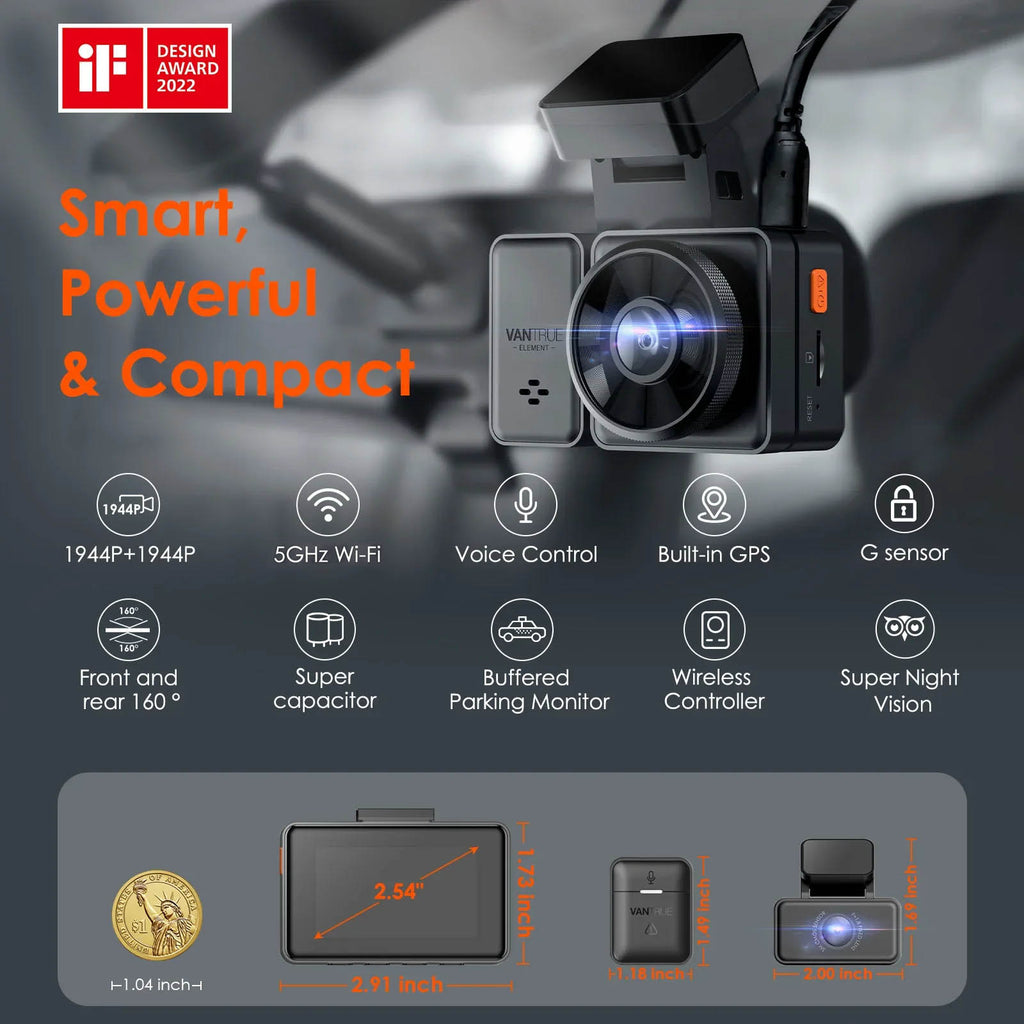 Vantrue E2 Dual 2.7K Front and Rear Dash Cam | 1944P Super HD, 5GHz Wi-Fi, GPS, Voice Control