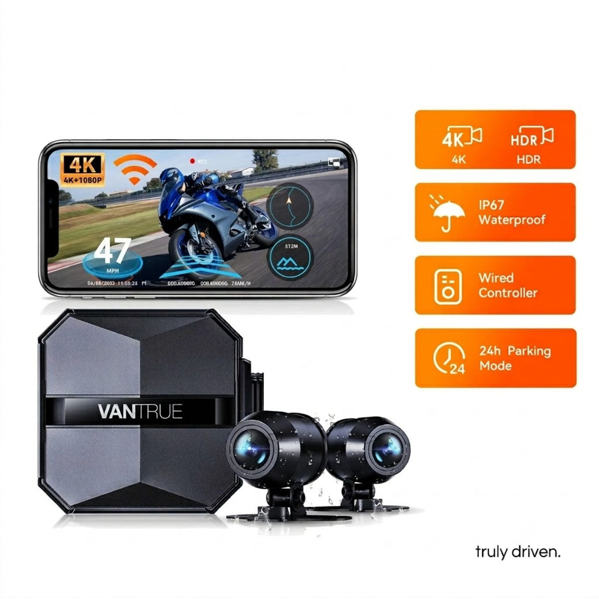 Vantrue F1 4K Dual Motorcycle Dash Cam with GPS & Wi-Fi