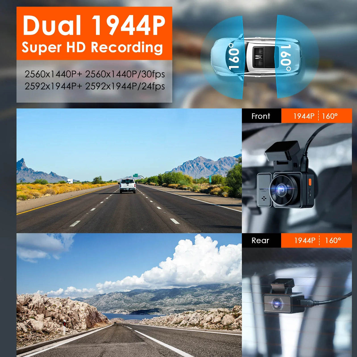 Vantrue Element 2 (E2) 2.7K Dual Dash Cam with 5GHz Wi-Fi & GPS